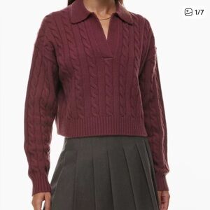 NWT Aritzia Sunday Best V-Neck Cable Knit Sweater in Spiced Burgundy